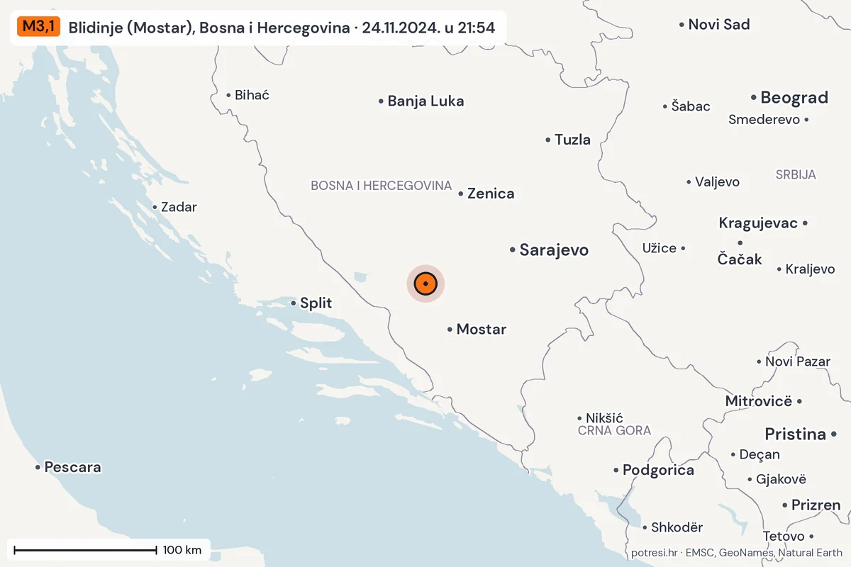 Karta: šire područje, 600 km, potres M3,1, Blidinje (Mostar), Bosna i Hercegovina, 24.11.2024.