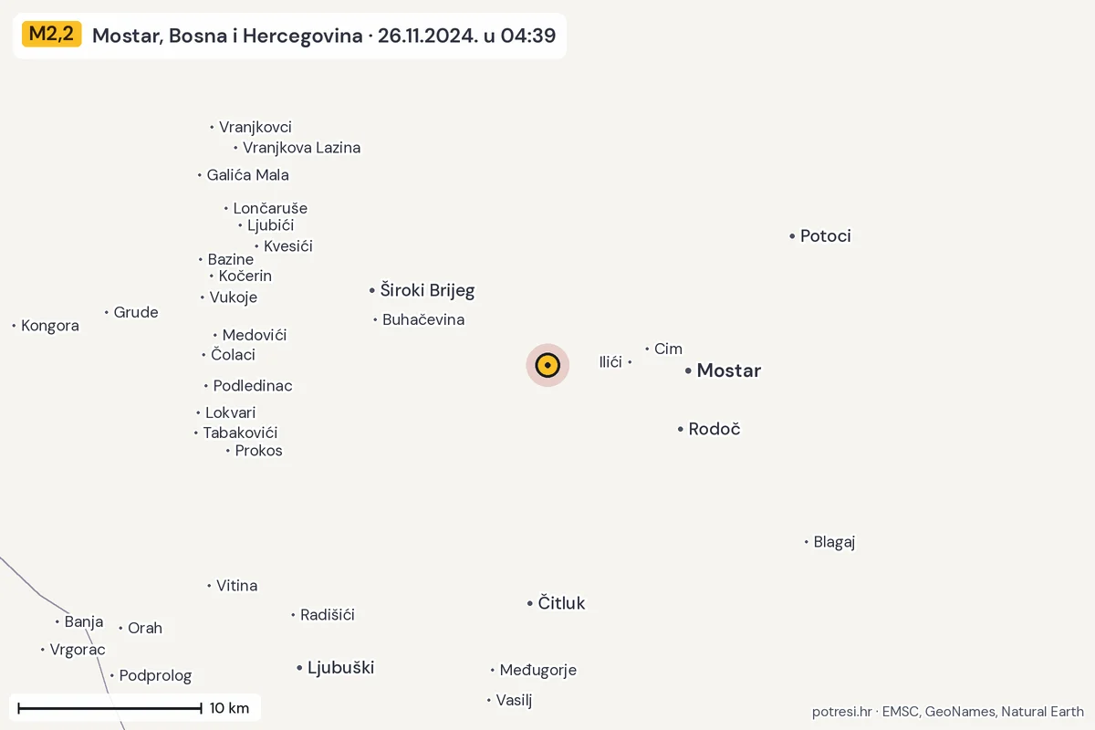 Karta: okolica epicentra, 60 km, potres M2,2, Mostar, Bosna i Hercegovina, 26.11.2024.