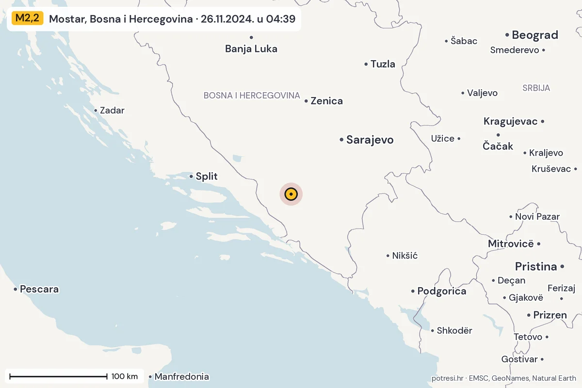 Karta: šire područje, 600 km, potres M2,2, Mostar, Bosna i Hercegovina, 26.11.2024.