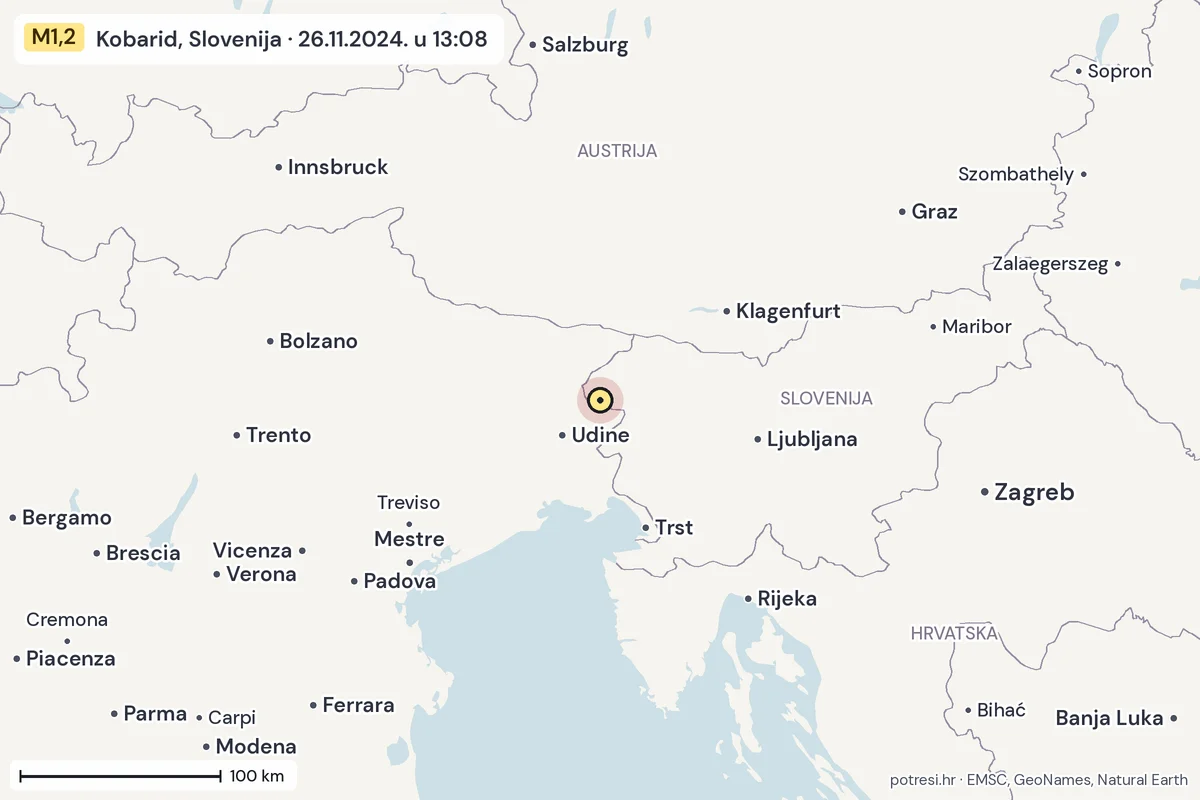 Karta: šire područje, 600 km, potres M1,2, Kobarid, Slovenija, 26.11.2024.