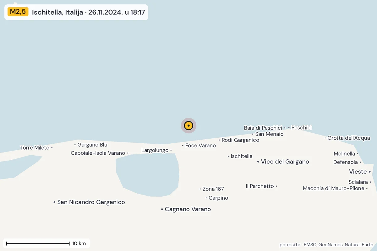 Karta: okolica epicentra, 60 km, potres M2,5, Ischitella, Italija, 26.11.2024.