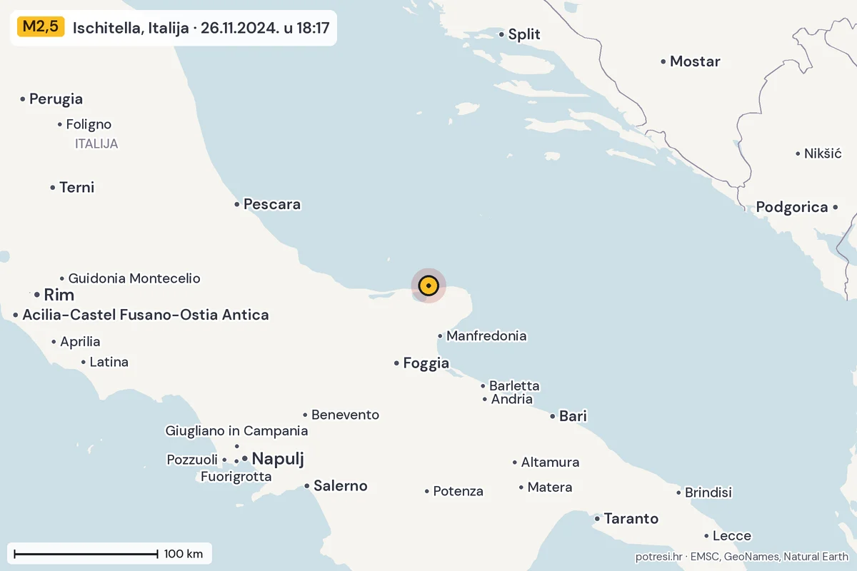 Karta: šire područje, 600 km, potres M2,5, Ischitella, Italija, 26.11.2024.