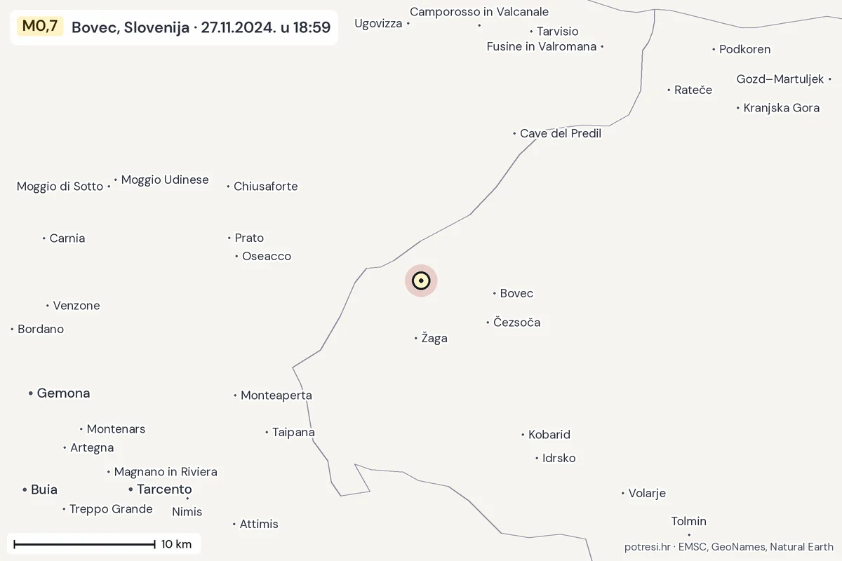 Karta: okolica epicentra, 60 km, potres M0,7, Bovec, Slovenija, 27.11.2024.