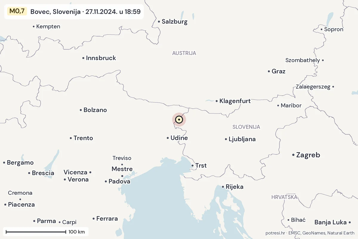 Karta: šire područje, 600 km, potres M0,7, Bovec, Slovenija, 27.11.2024.