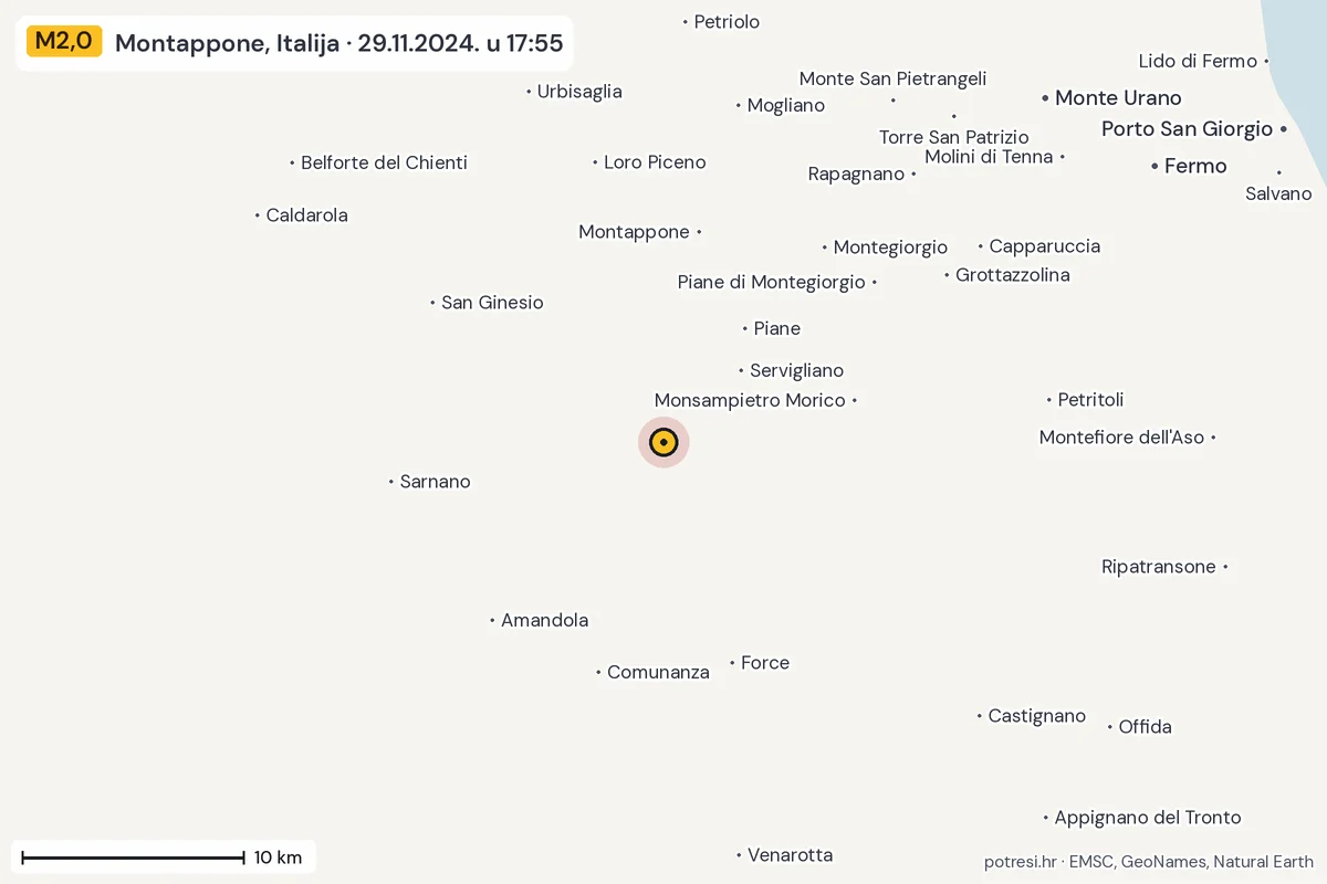 Karta: okolica epicentra, 60 km, potres M2,0, Montappone, Italija, 29.11.2024.