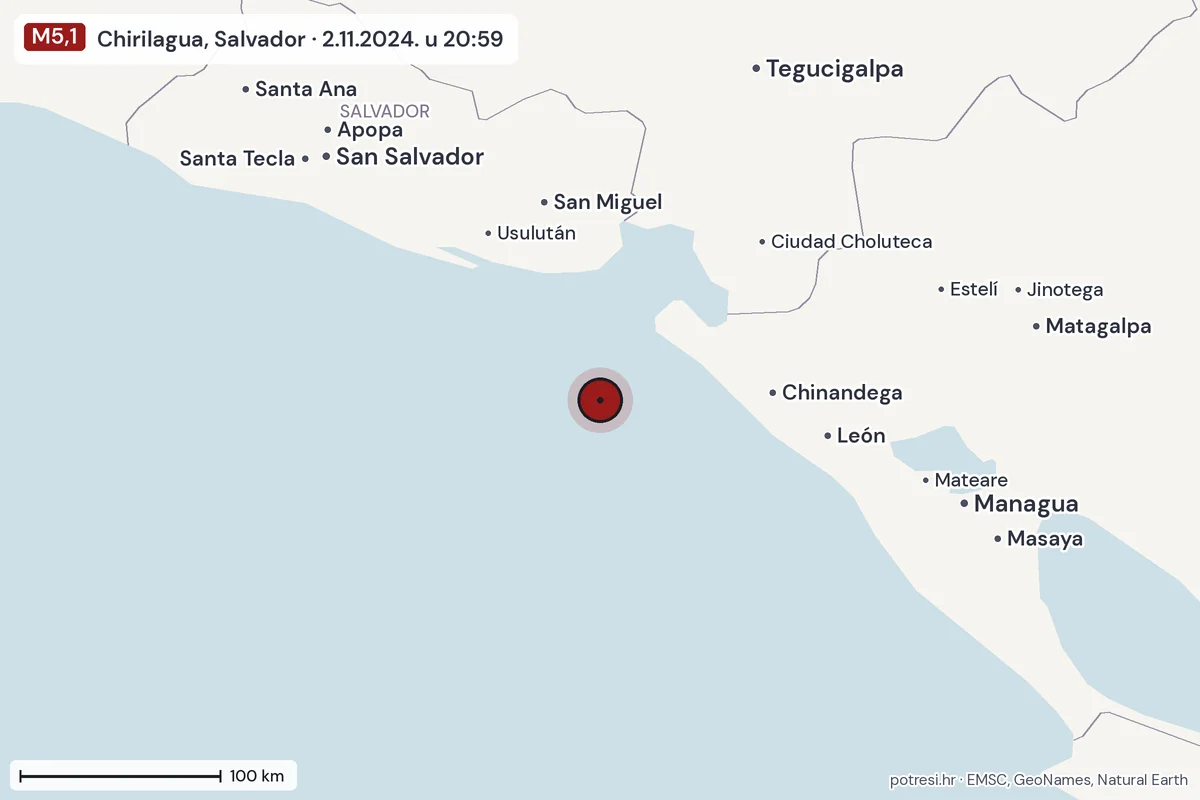 Karta: šire područje, 600 km, potres M5,1, Chirilagua, Salvador, 2.11.2024.