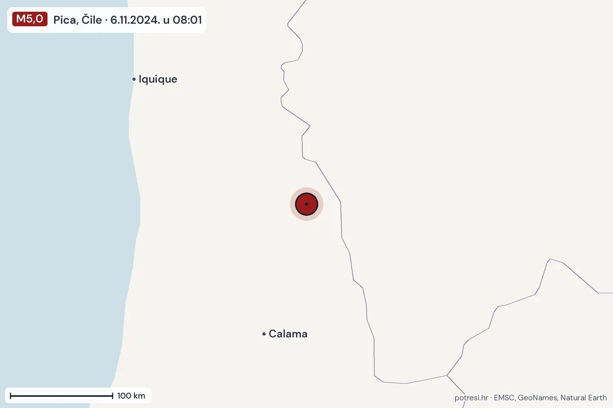 Karta: šire područje, 600 km, potres M5,0, Pica, Čile, 6.11.2024.