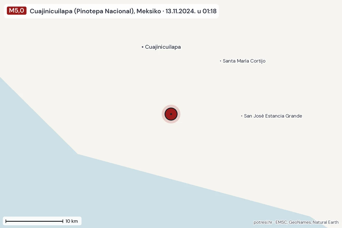 Karta: okolica epicentra, 60 km, potres M5,0, Cuajinicuilapa (Pinotepa Nacional), Meksiko, 13.11.2024.