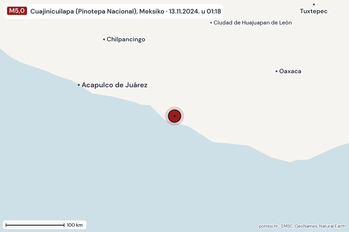 Karta: šire područje, 600 km, potres M5,0, Cuajinicuilapa (Pinotepa Nacional), Meksiko, 13.11.2024.