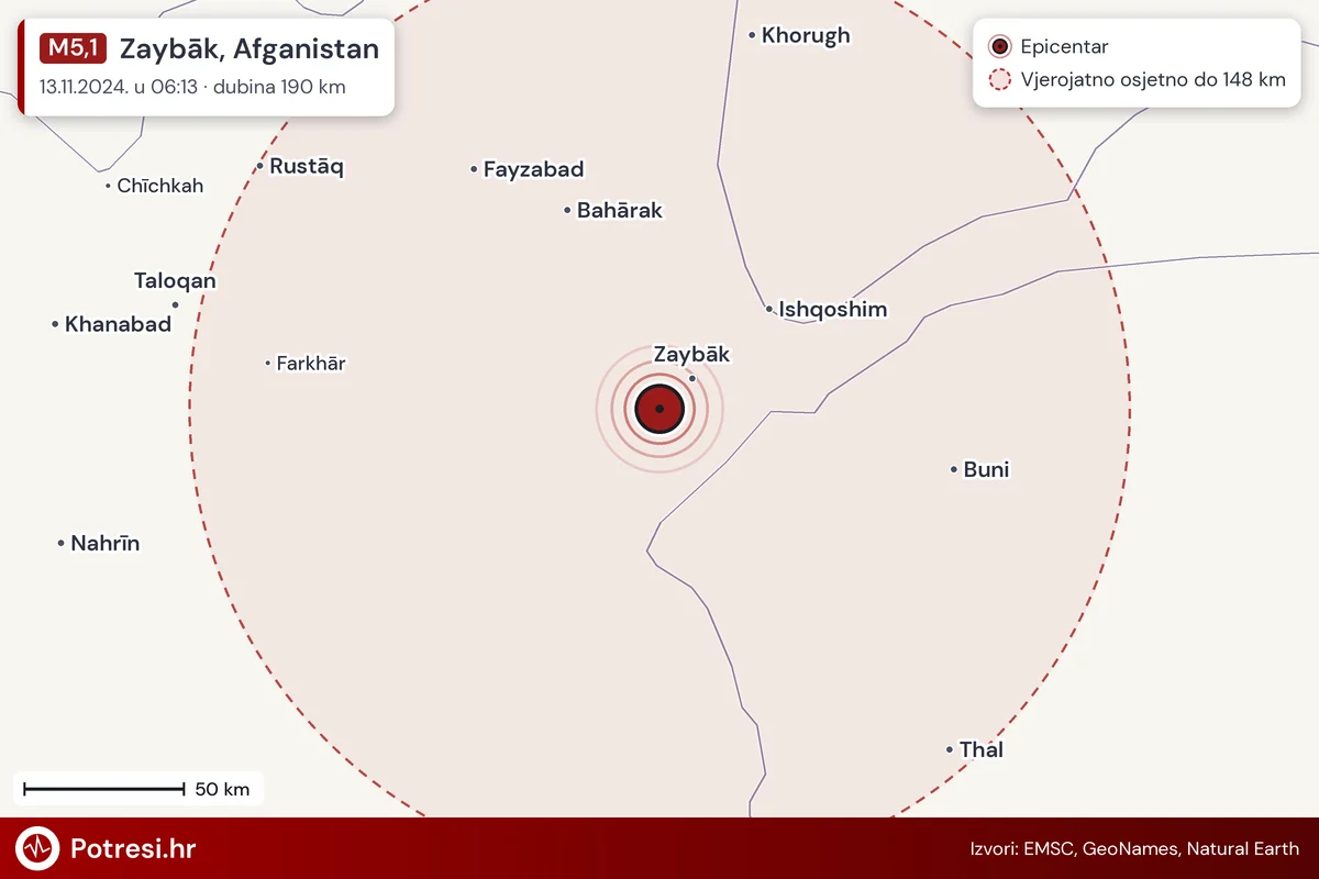 Karta: šire područje i vjerojatni doseg osjeta, potres M5,1, Zaybāk, Afganistan, 13.11.2024.