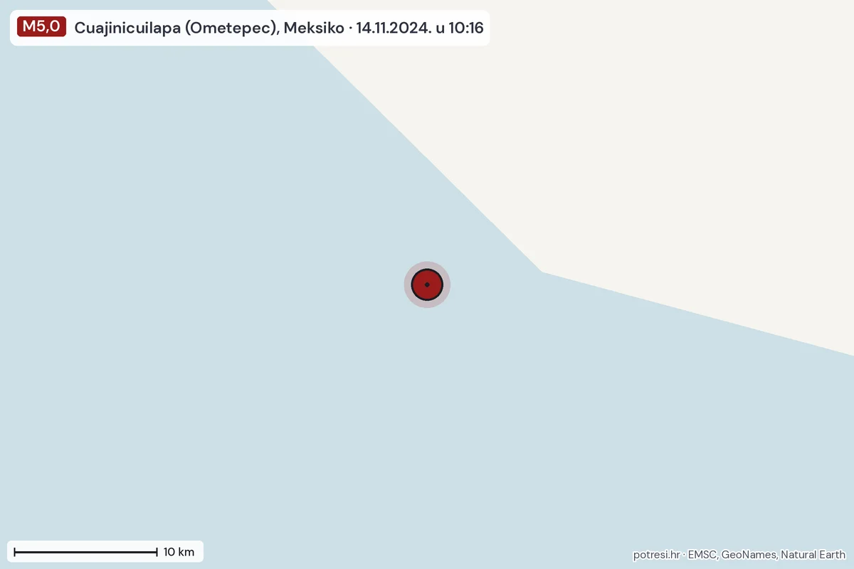Karta: okolica epicentra, 60 km, potres M5,0, Cuajinicuilapa (Ometepec), Meksiko, 14.11.2024.