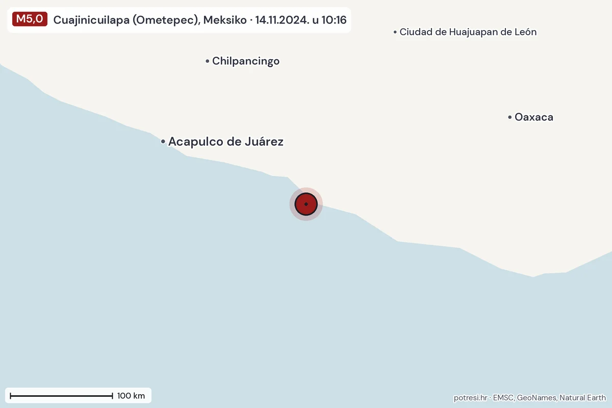 Karta: šire područje, 600 km, potres M5,0, Cuajinicuilapa (Ometepec), Meksiko, 14.11.2024.