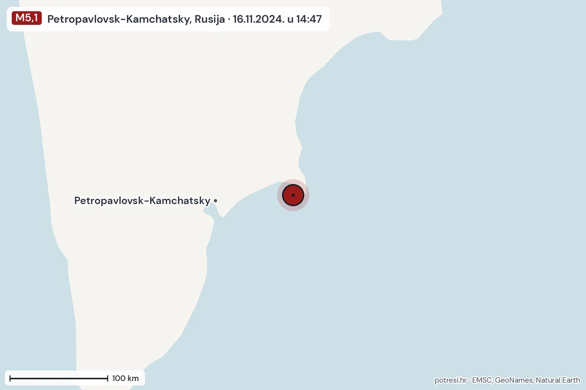 Karta: šire područje, 600 km, potres M5,1, Petropavlovsk-Kamchatsky, Rusija, 16.11.2024.
