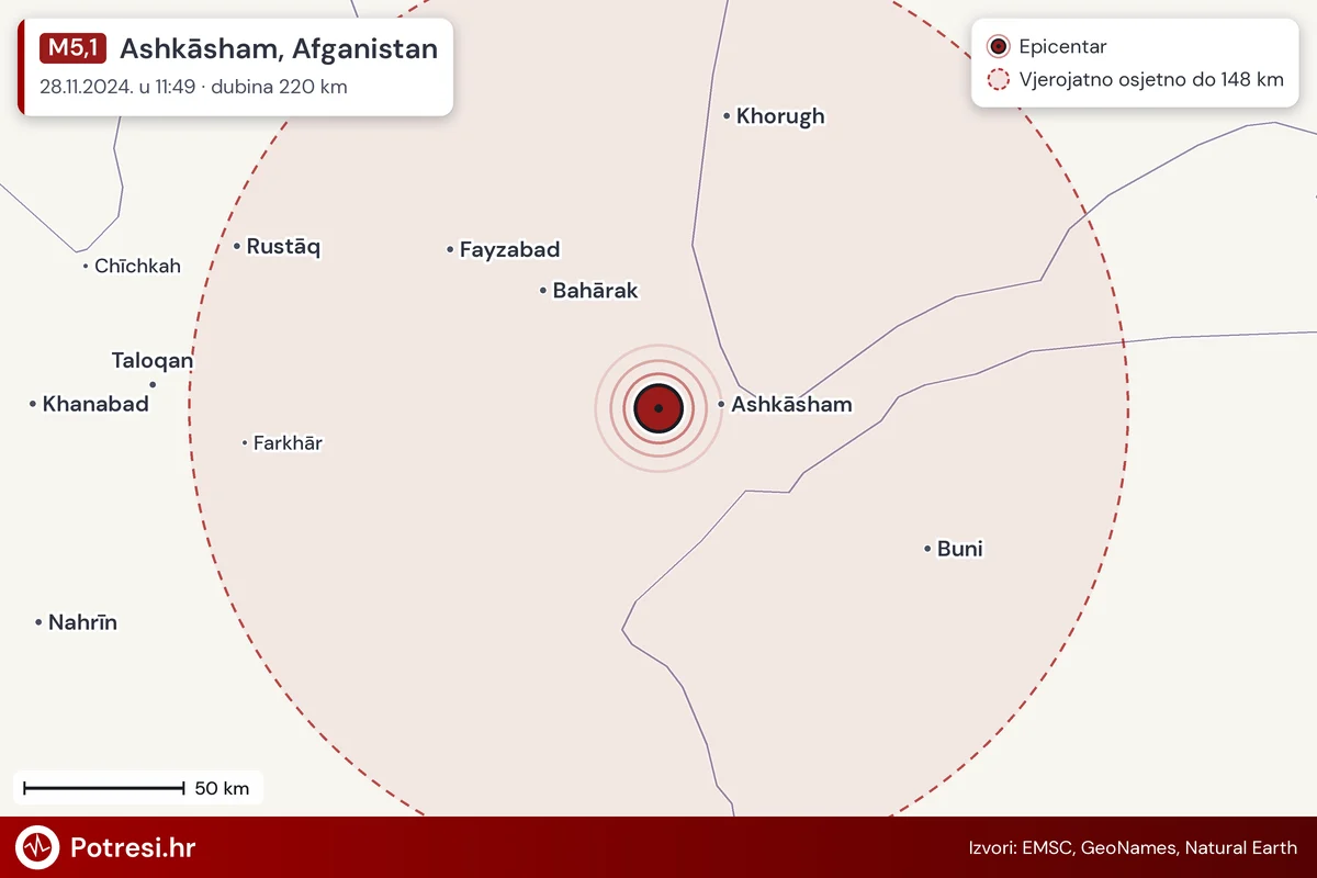 Karta: šire područje i vjerojatni doseg osjeta, potres M5,1, Ashkāsham, Afganistan, 28.11.2024.