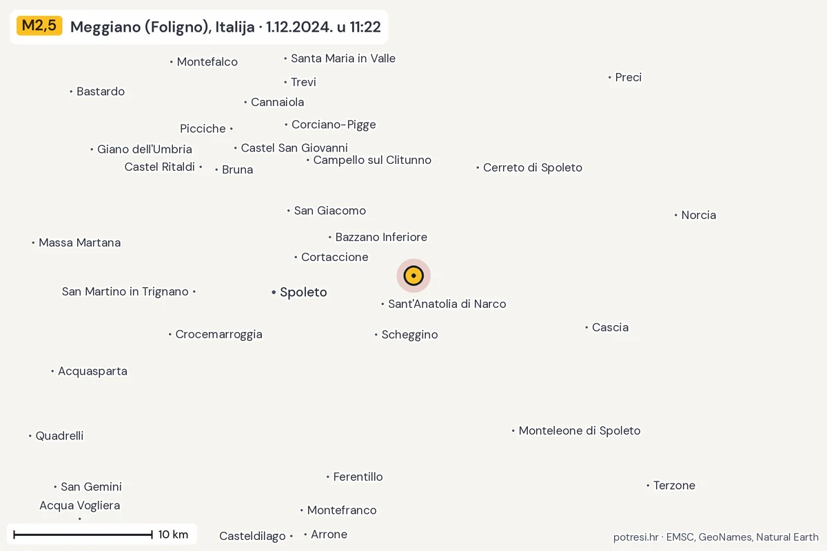 Karta: okolica epicentra, 60 km, potres M2,5, Meggiano (Foligno), Italija, 1.12.2024.