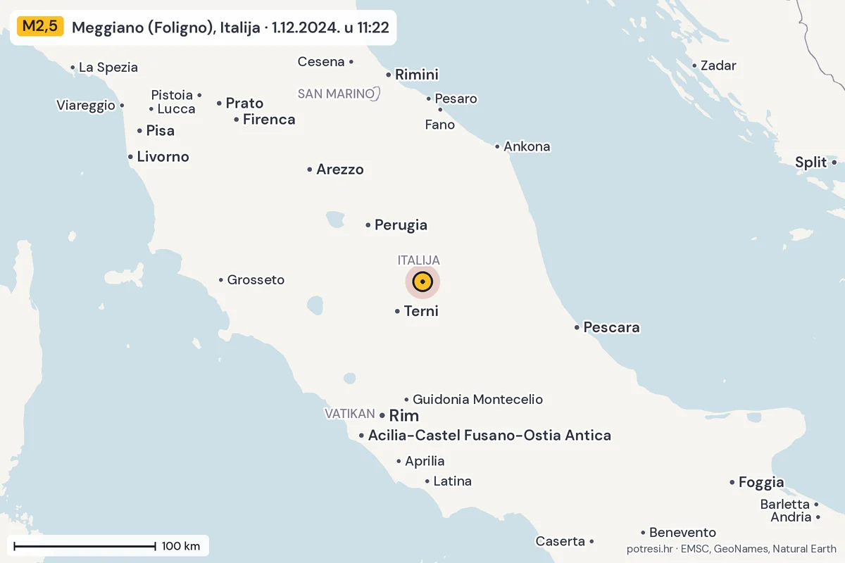 Karta: šire područje, 600 km, potres M2,5, Meggiano (Foligno), Italija, 1.12.2024.