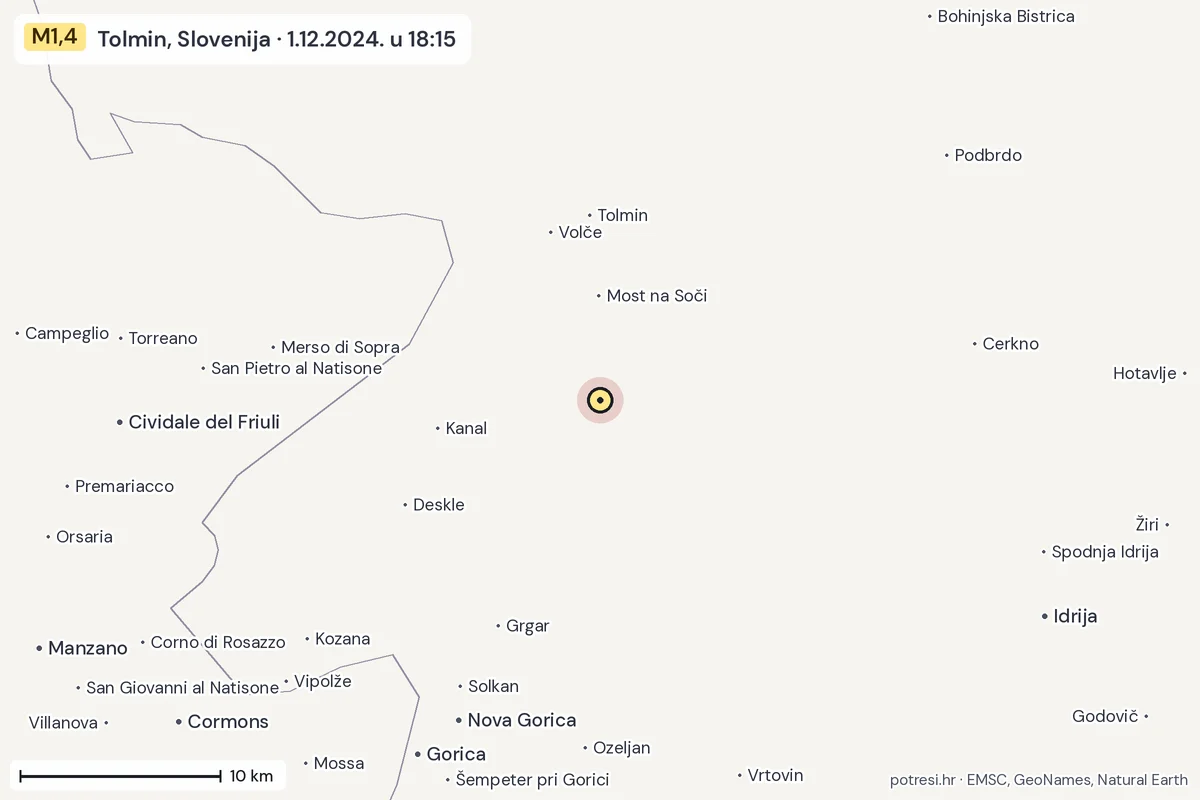 Karta: okolica epicentra, 60 km, potres M1,4, Tolmin, Slovenija, 1.12.2024.