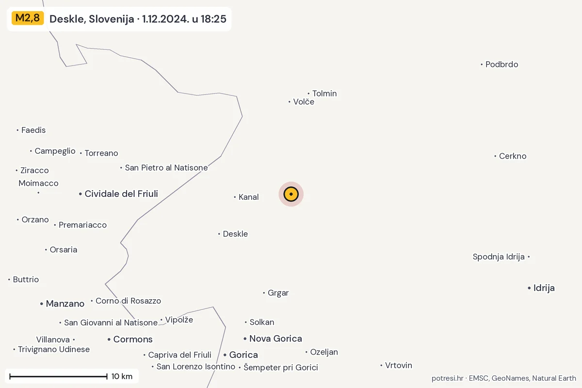 Karta: okolica epicentra, 60 km, potres M2,8, Deskle, Slovenija, 1.12.2024.