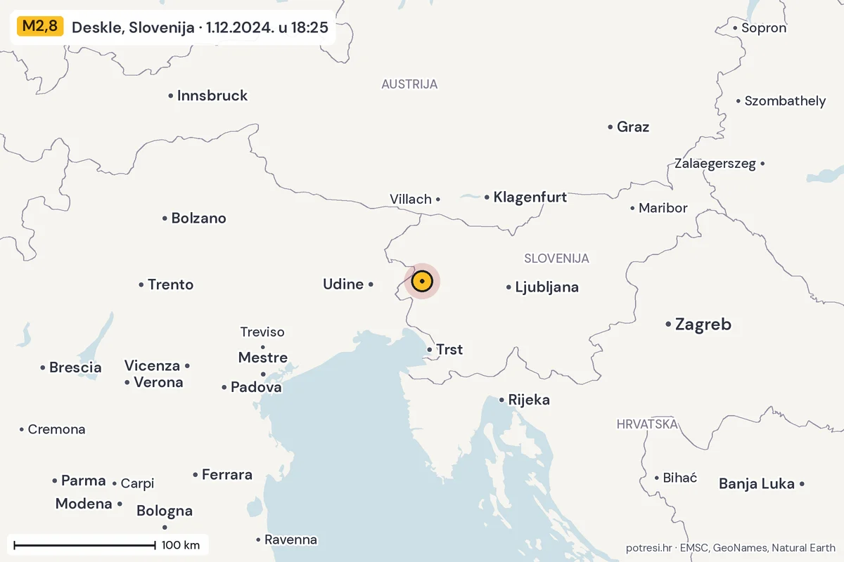 Karta: šire područje, 600 km, potres M2,8, Deskle, Slovenija, 1.12.2024.
