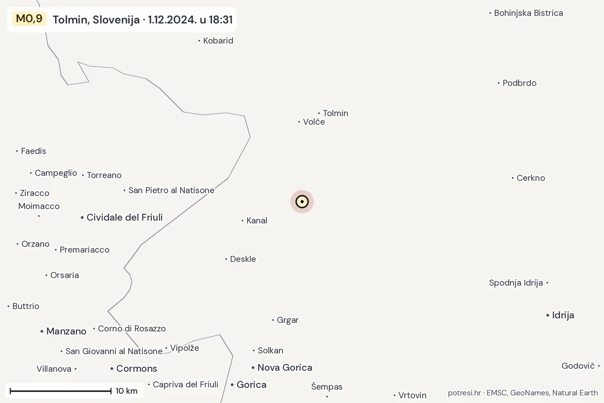 Karta: okolica epicentra, 60 km, potres M0,9, Tolmin, Slovenija, 1.12.2024.