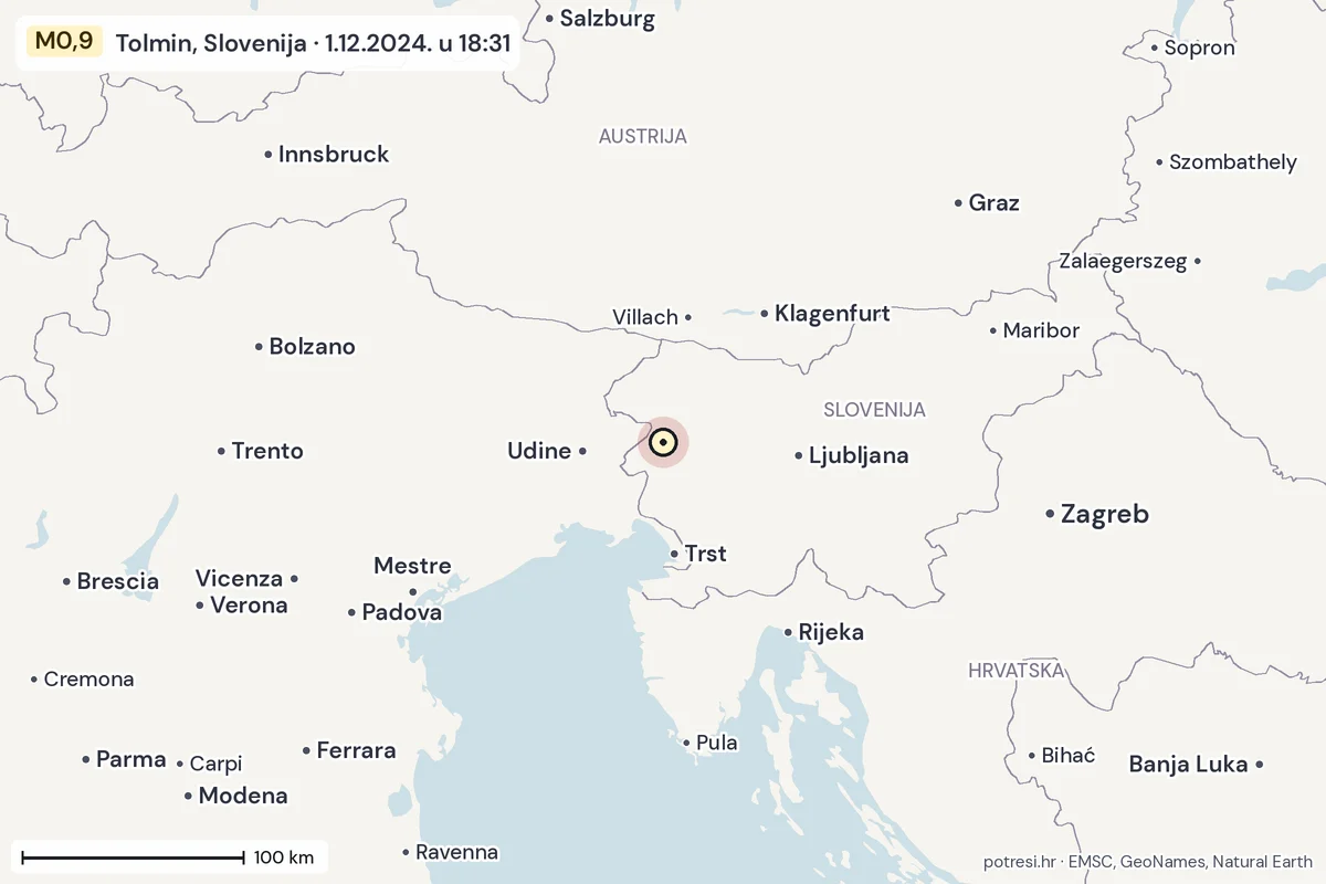 Karta: šire područje, 600 km, potres M0,9, Tolmin, Slovenija, 1.12.2024.