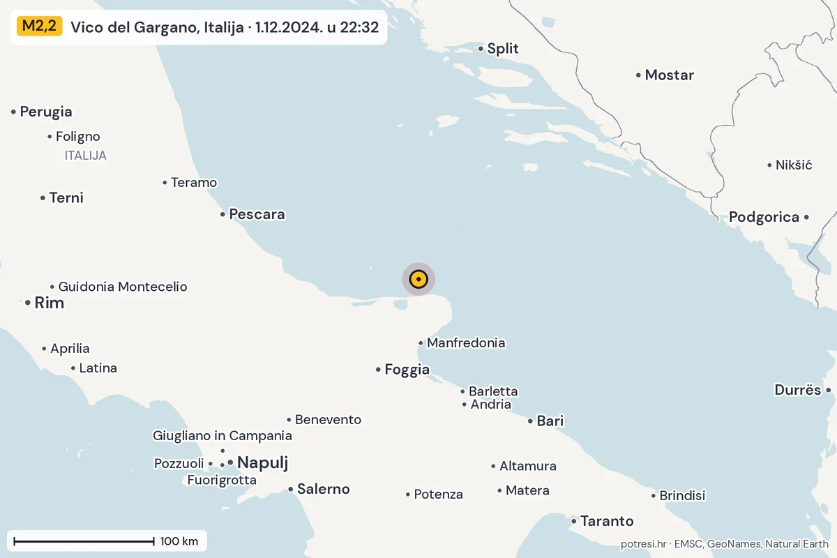 Karta: šire područje, 600 km, potres M2,2, Vico del Gargano, Italija, 1.12.2024.