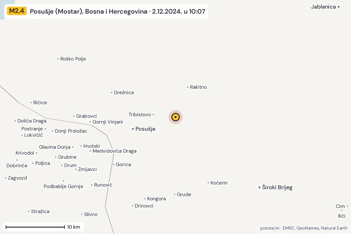 Karta: okolica epicentra, 60 km, potres M2,4, Posušje (Mostar), Bosna i Hercegovina, 2.12.2024.