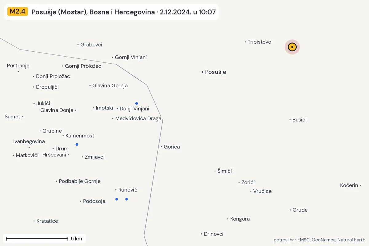 Karta: izvješća građana, potres M2,4, Posušje (Mostar), Bosna i Hercegovina, 2.12.2024.
