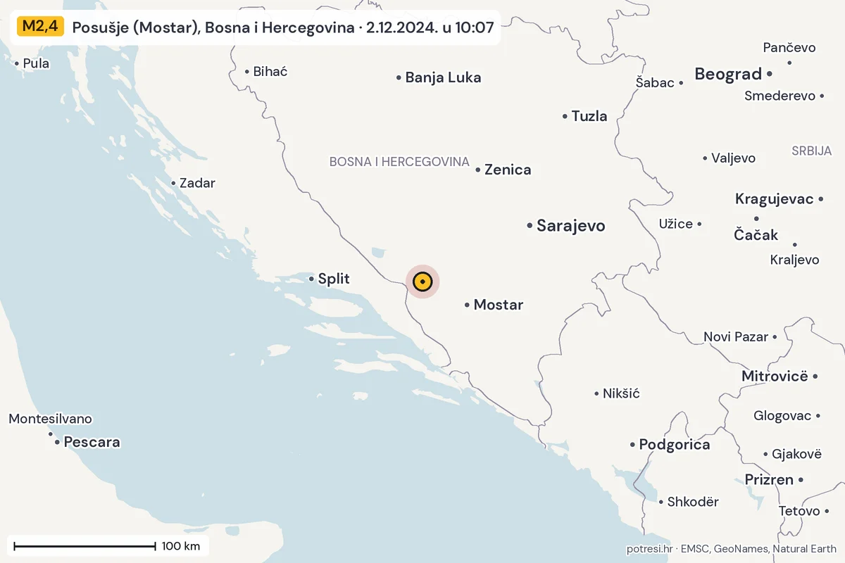 Karta: šire područje, 600 km, potres M2,4, Posušje (Mostar), Bosna i Hercegovina, 2.12.2024.