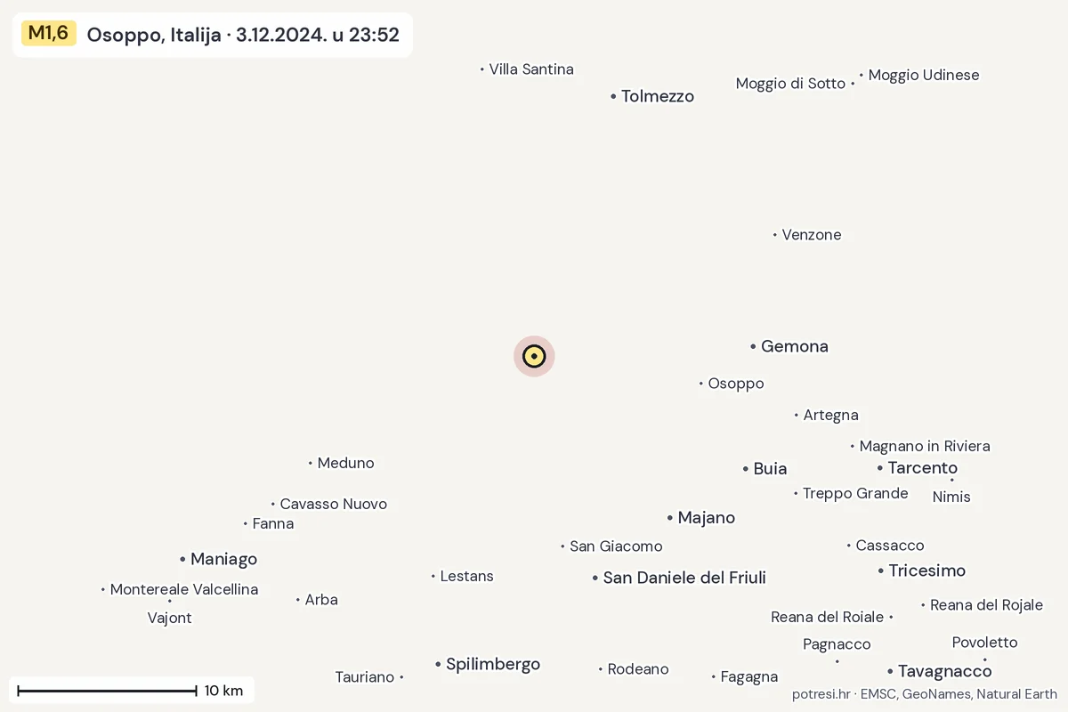 Karta: okolica epicentra, 60 km, potres M1,6, Osoppo, Italija, 3.12.2024.