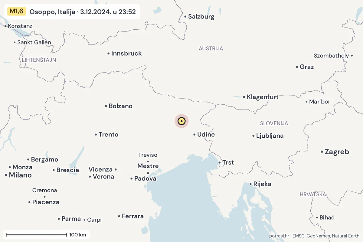 Karta: šire područje, 600 km, potres M1,6, Osoppo, Italija, 3.12.2024.