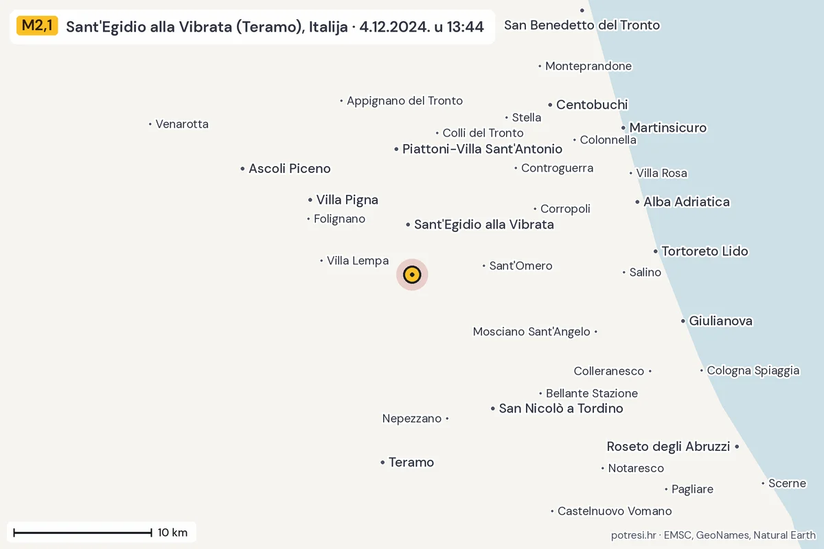 Karta: okolica epicentra, 60 km, potres M2,1, Sant'Egidio alla Vibrata (Teramo), Italija, 4.12.2024.