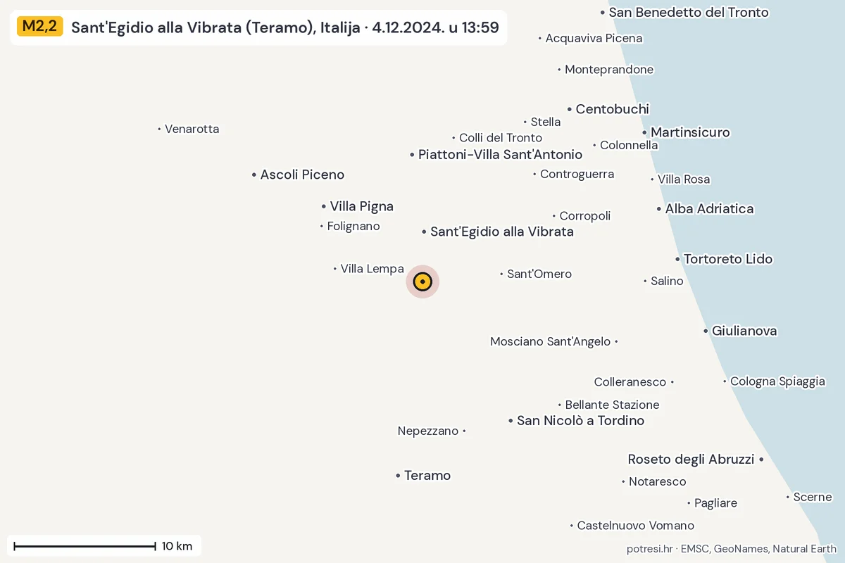 Karta: okolica epicentra, 60 km, potres M2,2, Sant'Egidio alla Vibrata (Teramo), Italija, 4.12.2024.