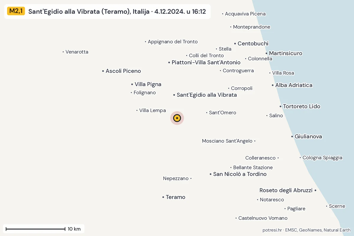 Karta: okolica epicentra, 60 km, potres M2,1, Sant'Egidio alla Vibrata (Teramo), Italija, 4.12.2024.