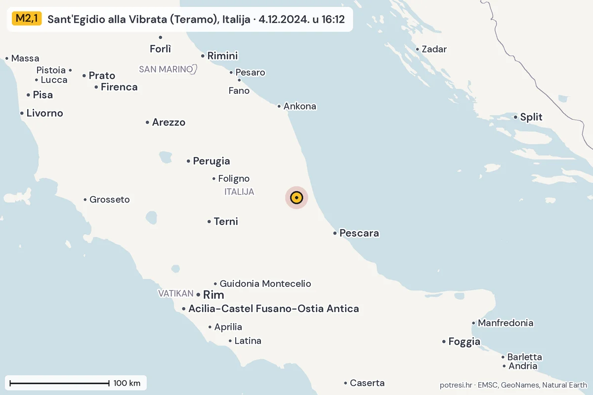 Karta: šire područje, 600 km, potres M2,1, Sant'Egidio alla Vibrata (Teramo), Italija, 4.12.2024.