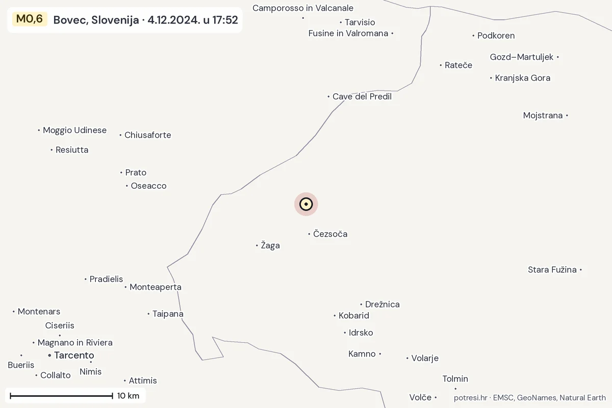 Karta: okolica epicentra, 60 km, potres M0,6, Bovec, Slovenija, 4.12.2024.