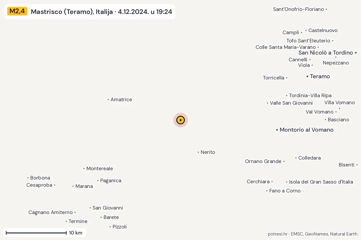 Karta: okolica epicentra, 60 km, potres M2,4, Mastrisco (Teramo), Italija, 4.12.2024.