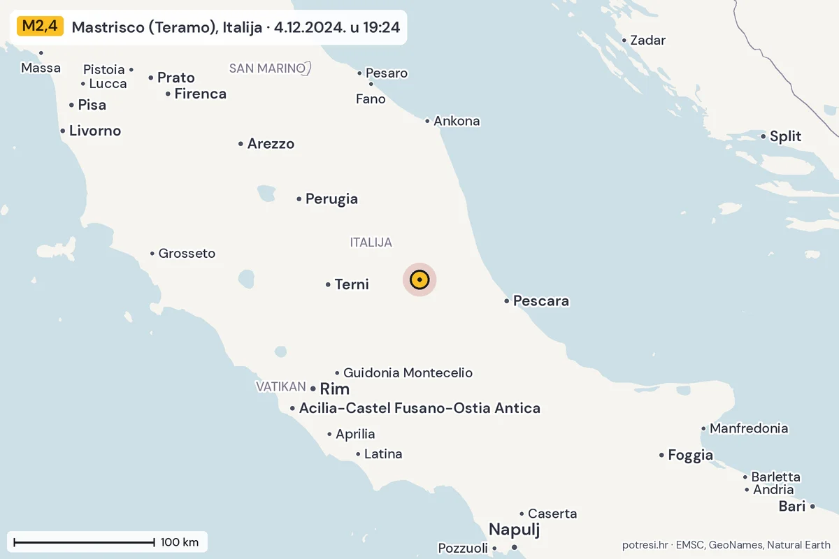 Karta: šire područje, 600 km, potres M2,4, Mastrisco (Teramo), Italija, 4.12.2024.