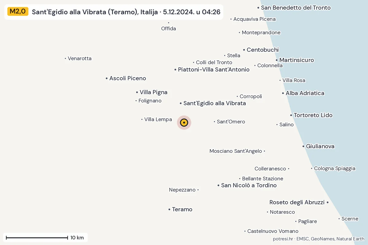 Karta: okolica epicentra, 60 km, potres M2,0, Sant'Egidio alla Vibrata (Teramo), Italija, 5.12.2024.