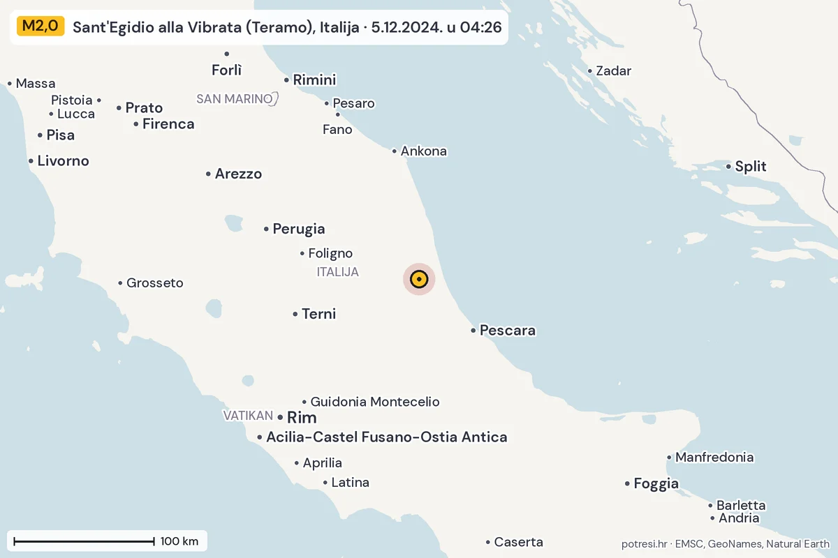 Karta: šire područje, 600 km, potres M2,0, Sant'Egidio alla Vibrata (Teramo), Italija, 5.12.2024.