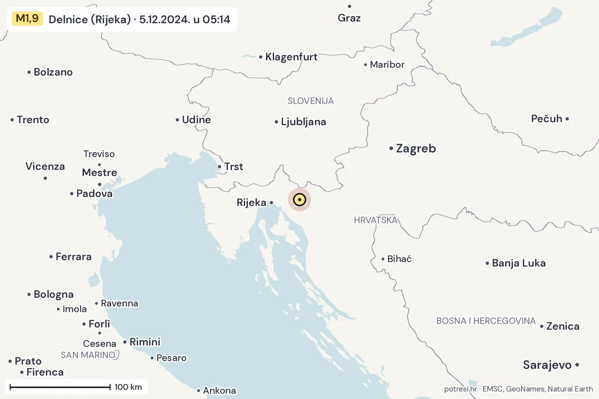 Karta: šire područje, 600 km, potres M1,9, Delnice (Rijeka), 5.12.2024.