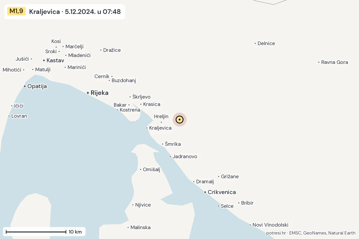 Karta: okolica epicentra, 60 km, potres M1,9, Kraljevica, 5.12.2024.