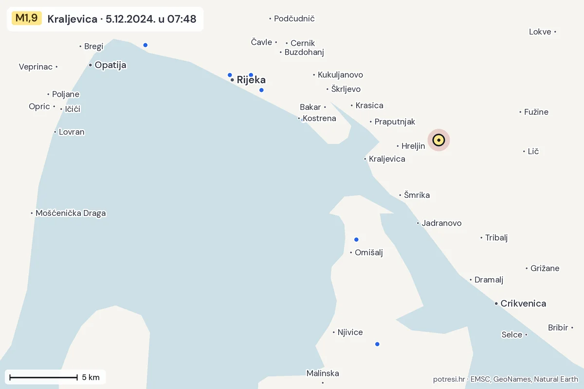 Karta: izvješća građana, potres M1,9, Kraljevica, 5.12.2024.