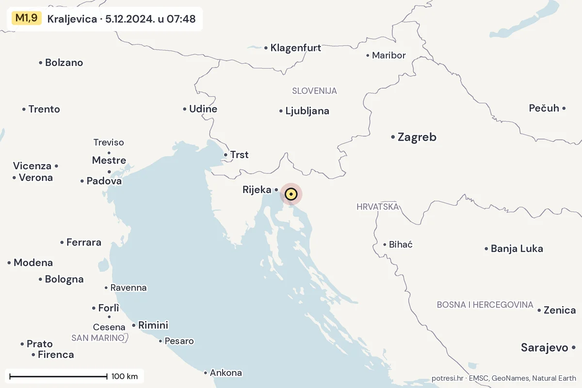 Karta: šire područje, 600 km, potres M1,9, Kraljevica, 5.12.2024.
