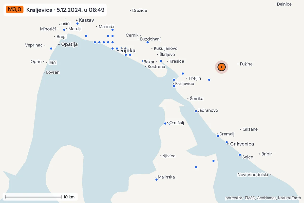 Karta: izvješća građana, potres M3,0, Kraljevica, 5.12.2024.