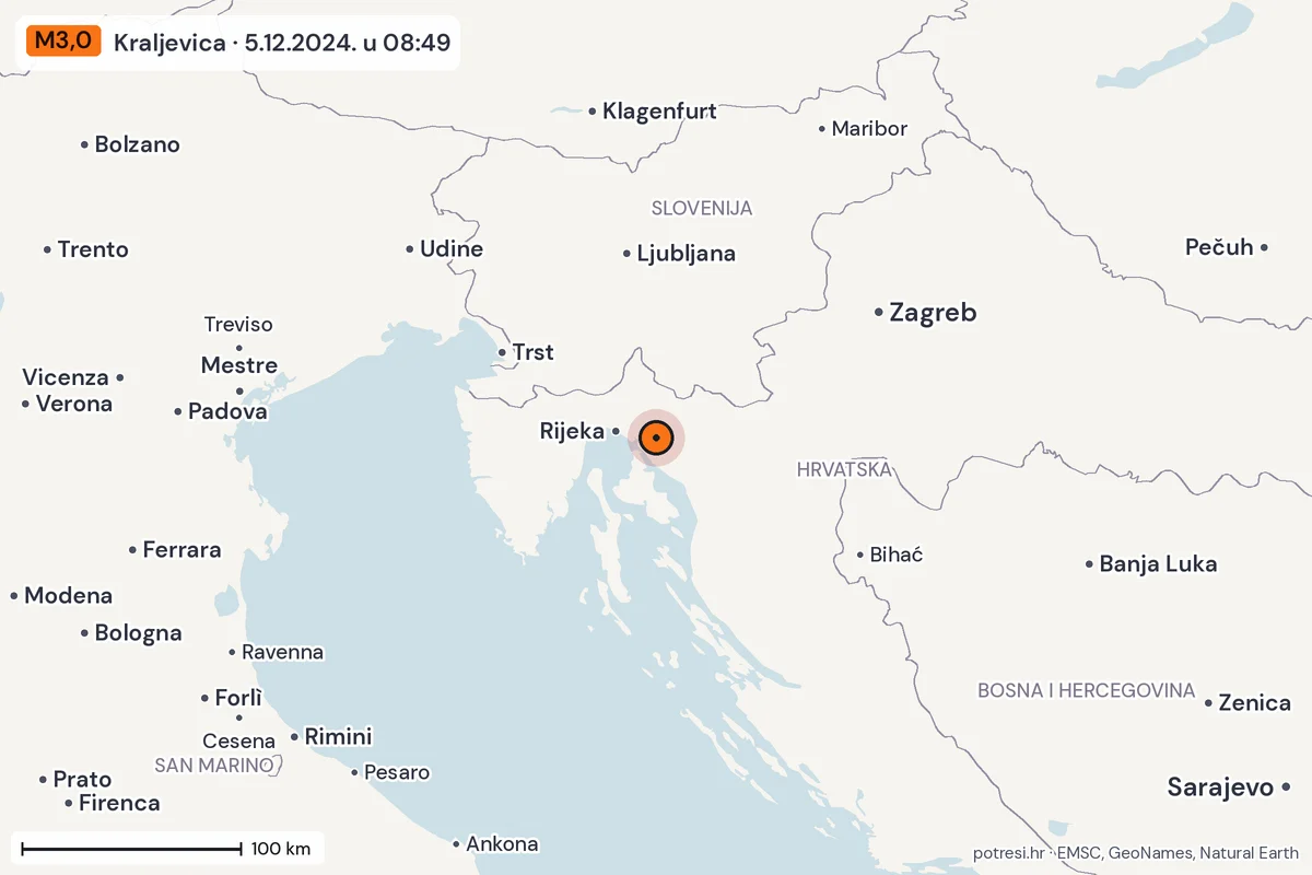 Karta: šire područje, 600 km, potres M3,0, Kraljevica, 5.12.2024.