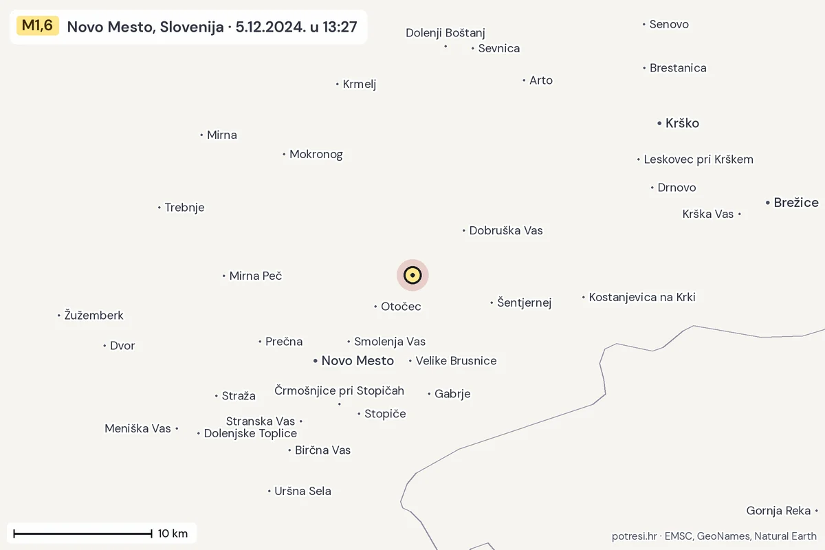 Karta: okolica epicentra, 60 km, potres M1,6, Novo Mesto, Slovenija, 5.12.2024.