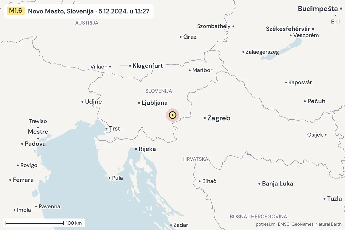 Karta: šire područje, 600 km, potres M1,6, Novo Mesto, Slovenija, 5.12.2024.