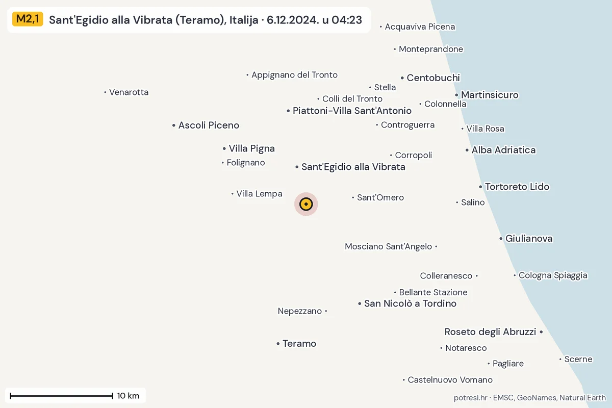 Karta: okolica epicentra, 60 km, potres M2,1, Sant'Egidio alla Vibrata (Teramo), Italija, 6.12.2024.