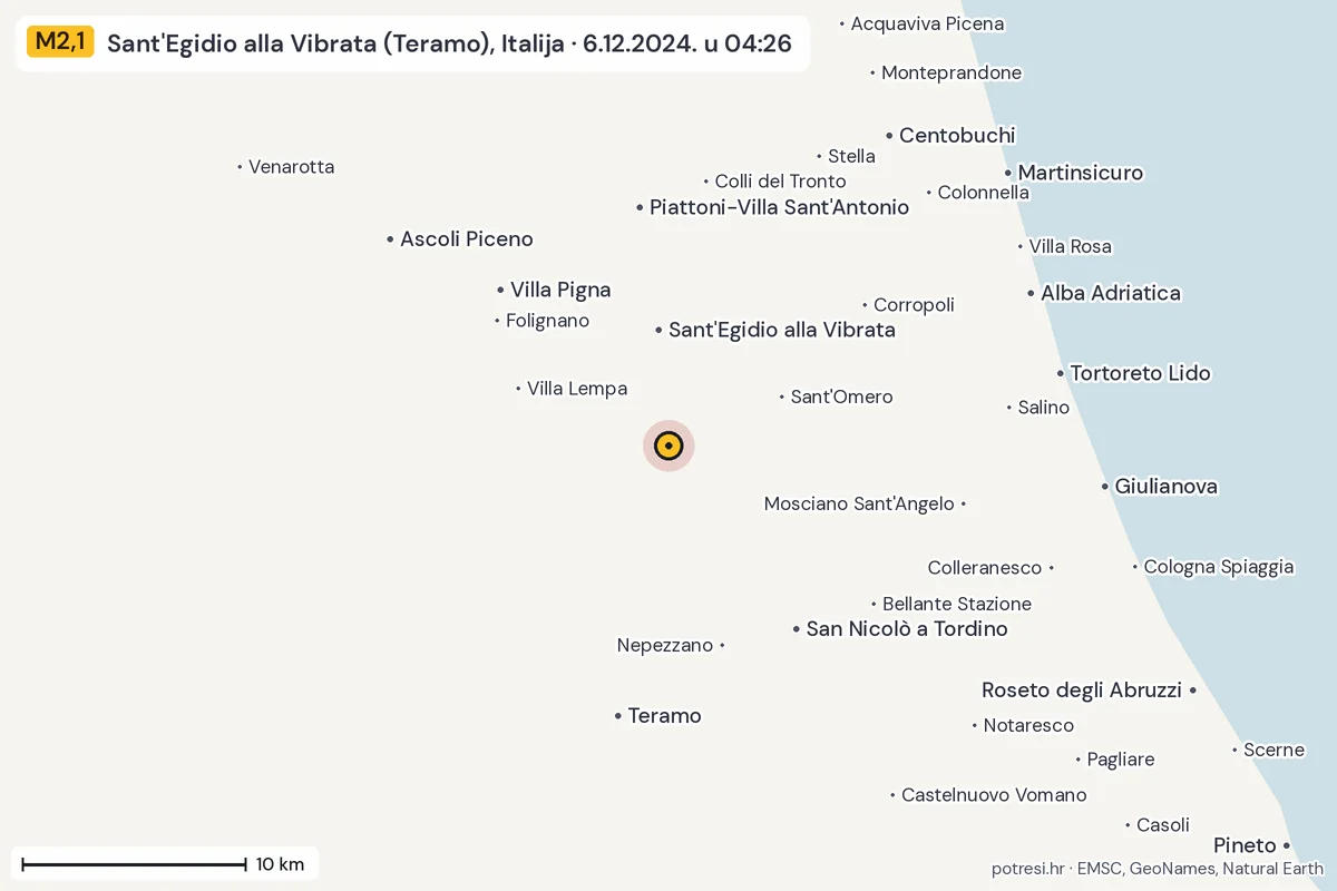 Karta: okolica epicentra, 60 km, potres M2,1, Sant'Egidio alla Vibrata (Teramo), Italija, 6.12.2024.